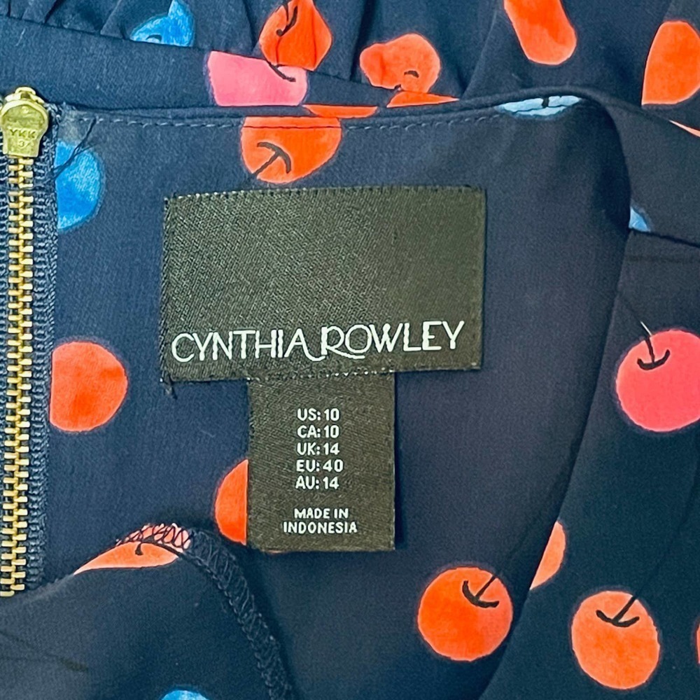 🍀Cynthia Rowley Womens Blue Cherry Print Round Neck Shift Dress 10 - Picture 11 of 12